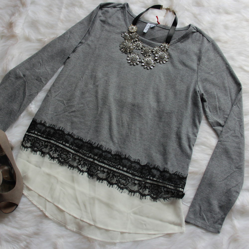 Kohl's Elle lace trim grey sweater NWT